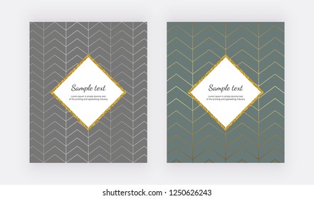 Geometric lines design with gold glitter frame. Modern templates for wedding invitation, banner, greeting, card, flyer, poster, save the date
