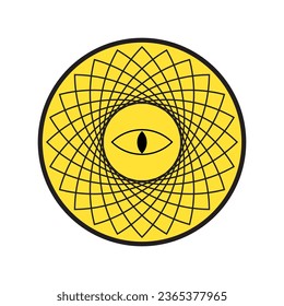 Líneas geométricas que forman un ojo de fondo de color amarillo circular en el vector de logotipos centrales