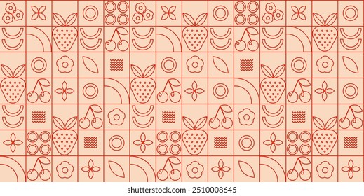 Geometric lines fruits berries abstract background icons. Template for cover design, food packaging, menu, background, web banner, organic food.