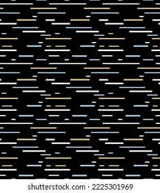 Geometric lines with galaxy effect on black background. Linear shapes horizontally repeating seamless pattern. Lines in light colors on a black background for men's clothing, wallpapers.