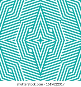 Geometric lines seamless pattern. Abstract vector texture with intertwined broken lines, ribbons, star. Simple graphic background in turquoise and white color. Modern linear ornament. Repeat design
