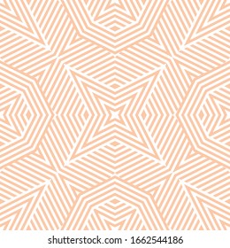 Geometric lines seamless pattern. Abstract vector texture with broken lines, stripes, stars shapes, octagons. Simple graphic background in peach color. Modern linear ornament. Stylish repeat design 