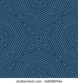 Geometric lines seamless pattern. Abstract vector texture with broken lines, stripes, stars shapes, octagons. Simple graphic background in dark blue. Modern linear ornament. Stylish repeat design 