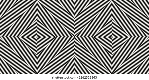 Geometric lines seamless pattern. Abstract vector black and white texture with chevron, stripes, lines. Optical illusion effect. Stylish modern background. Op art. Repeat monochrome geometrical design