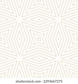 Geometric lines seamless pattern. Golden vector texture with thin diagonal stripes, lines, diamond shapes, stars. Abstract gold and white graphic background. Luxury linear ornament. Repeated design