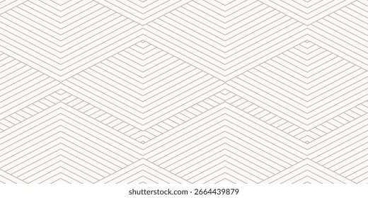 Geometric lines seamless pattern. Golden vector texture with thin diagonal stripes, lines, chevron, zigzag. Abstract gold and white graphic background. Luxury linear ornament. Trendy repeat design