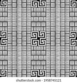 Geometric lines seamless pattern. Greek ethnic style black and white background. Repeat striped tribal backdrop. Monochrome abstract geometrical ornaments. Grunge ornate texture. Greek key, meanders.
