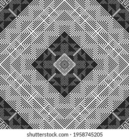 Geometric lines seamless pattern. Greek black and white stripes background. Repeat striped tribal backdrop. Abstract geometrical modern ornaments. Greek key, meanders, mazes, rhombus zigzag lines.