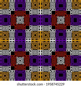 Geometric lines seamless pattern. Greek style colorful vector background. Repeat tribal ethnic backdrop. Abstract geometrical modern line art ornaments. Greek key, meanders, mazes, squares, shapes.