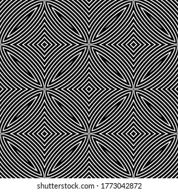 Geometric lines seamless pattern. Intricate striped ornament. Line art ornamental abstarct background. Stripes, lines, curves. Modern vector monochrome design. Repeat elegant black and white backdrop.