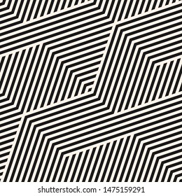 Geometric lines seamless pattern. Simple vector texture with diagonal stripes, lines, chevron, zigzag. Abstract black and white graphic background. Modern sport style linear ornament. Repeat design