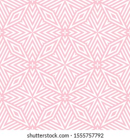 Geometric lines seamless pattern. Simple vector texture with diagonal lines, rhombuses, diamonds, stars. Abstract graphic background in pink and white color. Modern linear ornament. Repeat design 