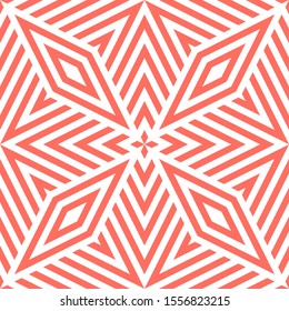 Geometric lines seamless pattern. Simple vector texture with diagonal lines, rhombuses, diamonds, stars. Abstract background in coral color. Modern repeatable linear ornament. Bright summer design