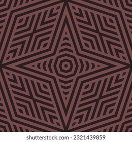 Geometric lines seamless pattern. Simple vector texture with stripes, stars, triangles, rhombuses, chevron. Abstract brown linear graphic background. Retro sport style ornament. Trendy repeat design