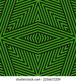 Geometric lines seamless pattern. Stylish vector texture with intersecting stripes, lines, chevron, rhombuses, triangles. Abstract black and green linear graphic background. Stylish repeat geo design