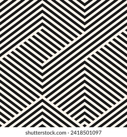 Geometric lines seamless pattern. Stylish black and white vector texture with diagonal stripes, chevron, zigzag. Abstract simple linear graphic background. Modern sport style ornament. Repeat design