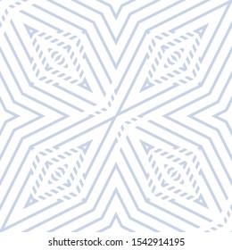 Geometric lines seamless pattern. Subtle vector white and light blue ornament design. Simple abstract linear shapes, diagonal stripes, rhombuses, repeat tiles. Modern minimal background texture