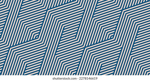 Geometric lines seamless pattern. Trendy vector texture with diagonal stripes, lines, chevron, zigzag. Abstract blue and beige graphic background. Retro sport style linear ornament. Repeat design