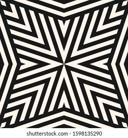 Geometric lines seamless pattern. Vector abstract black and white background. Simple graphic texture with stripes, diagonal lines, stars, triangles. Modern monochrome repeat design for tileable print