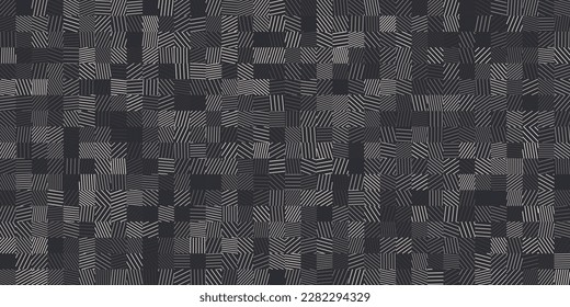 Geometric Lines Square Tiles Seamless Pattern. Vintage Game Background. Vector Illustration. Lines Halftone Effect Random Mosaic Generative Art.