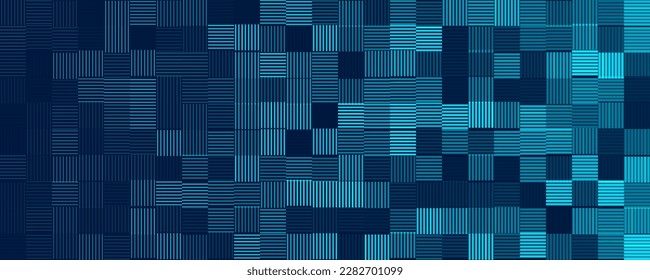 Geometric Lines Square Tiles Seamless Pattern. Vintage Game Background. Vector Illustration. Lines Halftone Effect Random Mosaic Generative Art.