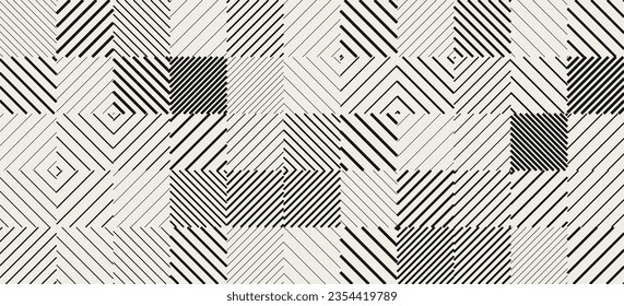 Geometric Lines Square Tiles Seamless Pattern. Vintage Game Background. Vector Illustration. Lines Halftone Effect Random Mosaic Generative Art.