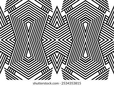 Geometric lines Vector pattern. Modern seamless ornament. Black and white lines background. Diagonal lines, rhombuses, triangles. Abstract monochrome graphic texture. Repeatable design texture. 