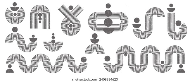 Geometric lines zen patterns. Abstract black arches and shapes. Balance figures with linear outline strokes design. Nordic boho minimal organic drawings and aesthetic retro prints