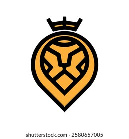 The geometric lion emblem illustration features a bold black and orange design with a crown ornament.