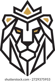 Logotipo geométrico de la cabeza del león con la corona. Ícono de Vector animal real. Cara de león de arte de línea moderna con acentos dorados. Plantilla de marca de lujo.