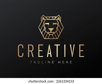 Geometric Lion Head Logo Design Template. Golden Geometric Lion Head Shaped Hexagon.