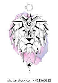 Geometric lion on watercolor. Lion is considered by many cultures to be a solar animal symbol. Represents strength, wisdom, power, royalty and courage. Coloring page, T-shirt, fashion and tattoo art. 