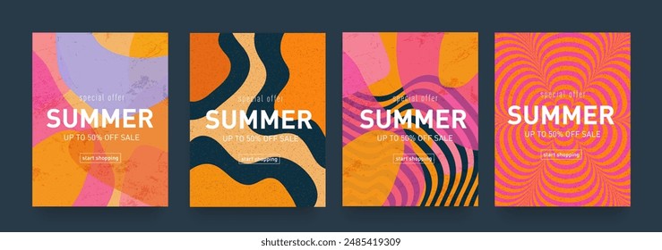 Conjunto de diseño de verano líquido geométrico con conjunto de Colores amarillos, rosas, azules y turquesas. Fondo psicodélico creativo para publicidad, Web, redes sociales, afiches, Anuncios y portadas. Oferta de venta 50%.