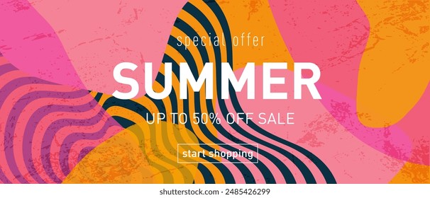 Geometric Liquid Summer Design Set with Set Yellow, Pink, Blue, Turquoise Colors. Creative Psychedelic Background for Advertising, Web, Social Media, Posters, Banners, and Covers. Sale Offer 50%.