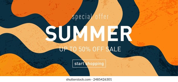 Geometric Liquid Summer Design Set in 3D Art 50s. Creative Background for Advertising, Web, Social Media, Posters, Banners, and Covers. Sale Offer 50%.