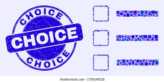 Geometric list items mosaic icon and Choice seal stamp. Blue vector round textured seal stamp with Choice phrase. Abstract mosaic of list items designed of sphere, triangles, square geometric items.