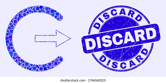 Geometric log out mosaic icon and Discard seal. Blue vector round distress seal stamp with Discard text. Abstract mosaic of log out composed of spheric, triangles, square geometric items.