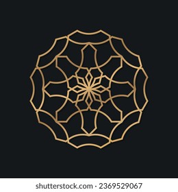 Geometric logo in arabic and islamic style decorated with gold colors on a black background