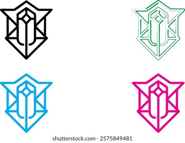 Geometric logo design, art deco style, stylized rocket or spaceship, diamond shape, rectangular frame, minimalist linework, symmetrical composition, futuristic emblem, retro-futuristic aesthetic, bold