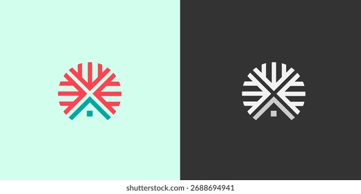 Geometrisches Logo-Design, das ein Hausdach mit strahlenden Linien verbindet, ähnlich einer Schneeflocke oder einem Sternenhimmel, präsentiert in farbenfrohen und monochromen Versionen.