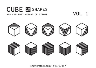 Geometric logo design. Minimal linear vector shapes set with easy editable weight of strokes