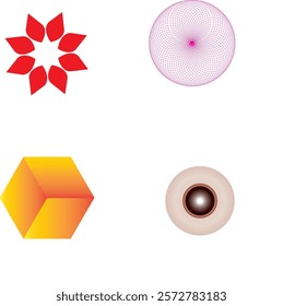 Geometric Logo Designs: A collection of four minimalist logo designs featuring a flower, circle, cube, and eye. The designs are simple and versatile, perfect for branding