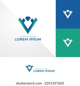 Geometric logo with a diamond shape and layered 'V' elements. Ideal for modern brands, creative agencies, or businesses seeking a dynamic and unique visual identity. Clean lines, vibrant colors