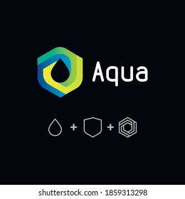 Geometric logo with a drop placed in a shield formed from a hexagon coiled into a Mobius loop