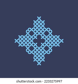 Geometric logo emblem.Gift boutique style icon isolated on dark background.Decorative elements.Abstract ornamental design illustration.Blue color ornate Christmas decoration symbol.