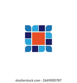 Logotipo geométrico con un cuadrado central naranja rodeado de Formas azules y azules.