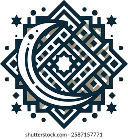 A geometric logo featuring a crescent moon and star with intricate Islamic patterns. Clean lines and symmetrical shapes make it perfect for vector tracing and Ramadhan-themed branding.