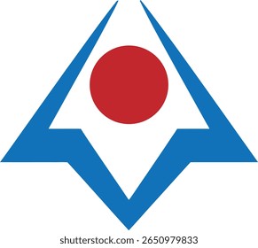 Logotipo geométrico com um círculo vermelho dentro de uma ponta de seta azul, simbolizando a precisão e a direção da frente.