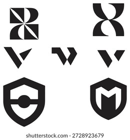 Geometric Logo Grid – Abstract Black Symbol Set Featuring Minimalist Shapes Letters And Shield Emblems