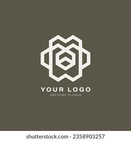 Geometrisches Logo mit sechseckiger Form in der Mitte. Das Hexagon besteht aus kleineren Hexagonen, die mit einem größeren Hexagon verbunden sind